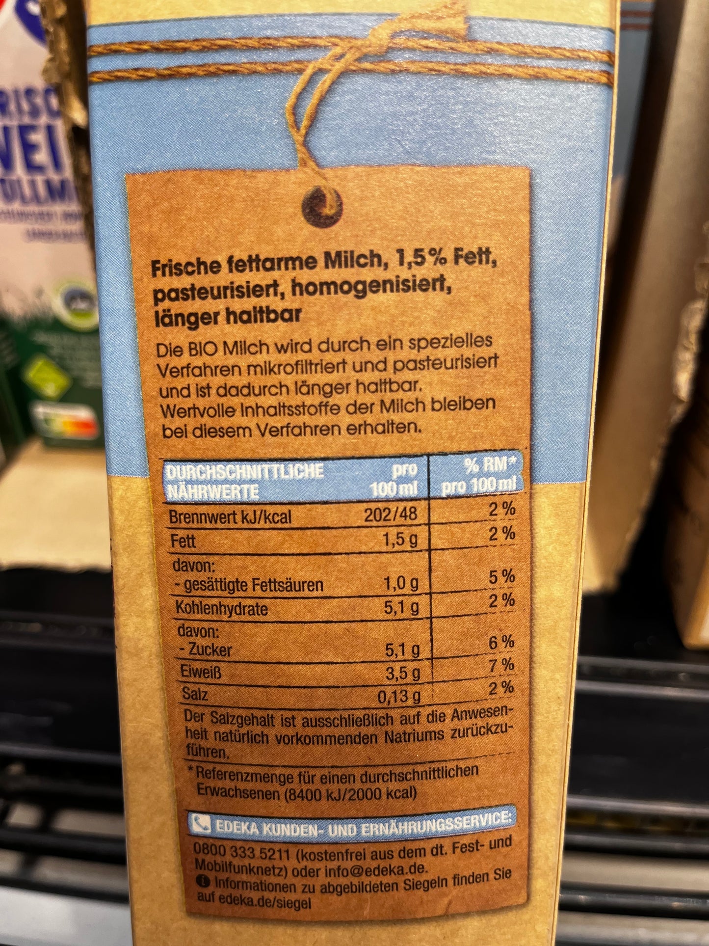 Edeka Bio fettarme Milch 1,5% Fett